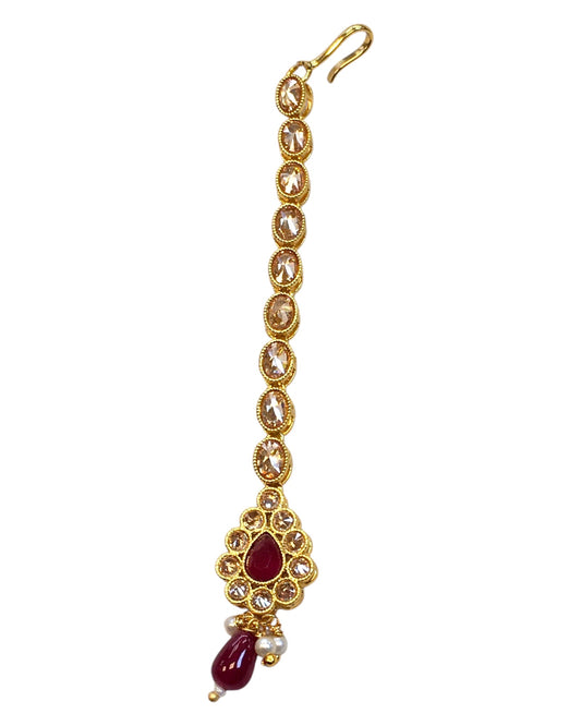 Magenta - Gold Finish Small Size Tika Head Piece - Indian Ladies Fashion Jewellery - AE2433 11Vp24 - Prachy Creations