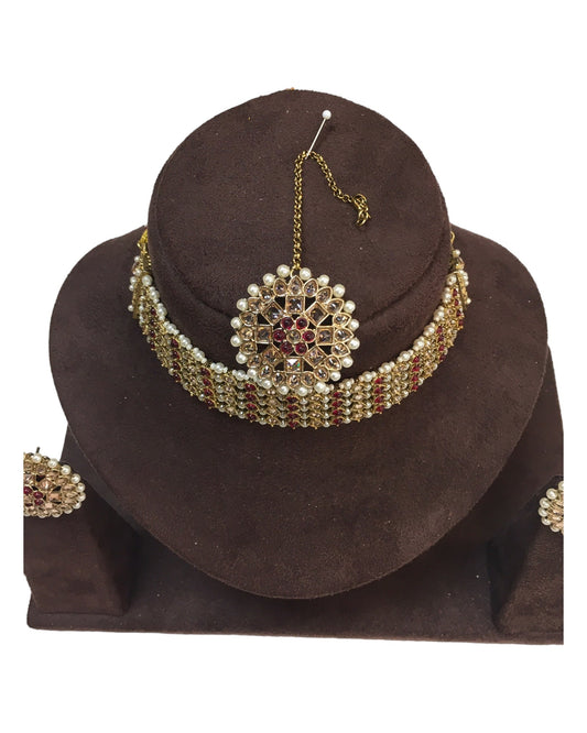 Magenta - Large - Antique Gold Finish Necklace Set with Earrings - AE2401 H 0724 - Prachy Creations
