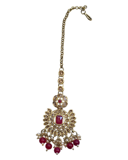 Magenta - Large - Antique Gold Finish Traditional Tika Head piece - Bollywood - Weddings - PRI1773 11V24 - Prachy Creations
