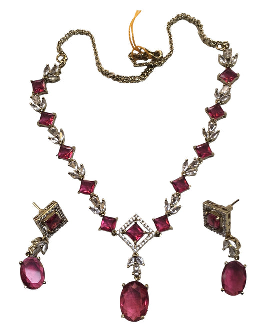 Magenta - Medium - Antique Gold Finish Necklace Set with Earrings - AE2407 A 0724 - Prachy Creations
