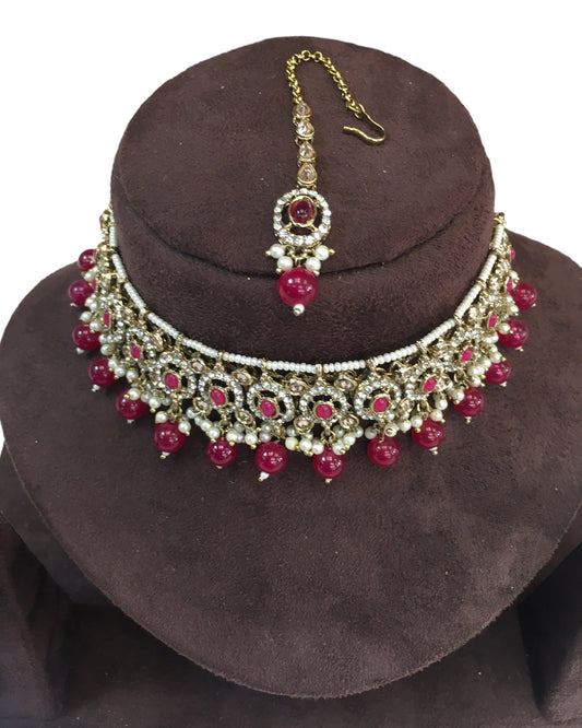 Magenta - Medium Size Antique Gold Finish Choker Necklace Set with Earrings - RAK149 C 0424 - Prachy Creations
