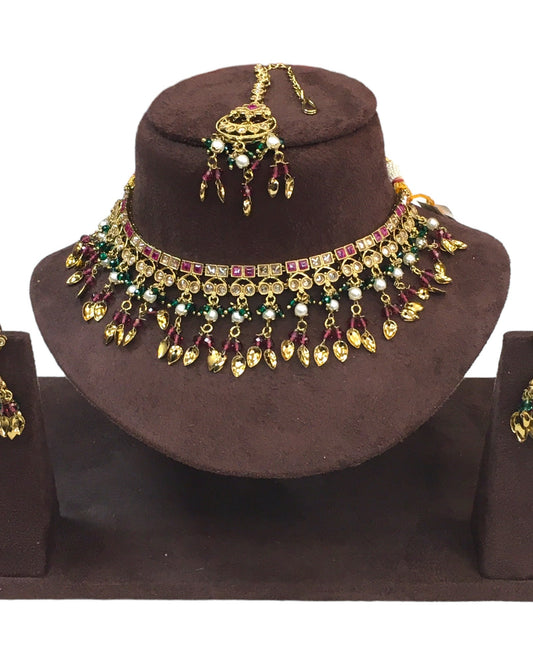 Magenta - Medium Size Antique Gold Finish Necklace Set with Earrings - HB1000 KY 0424 - Prachy Creations
