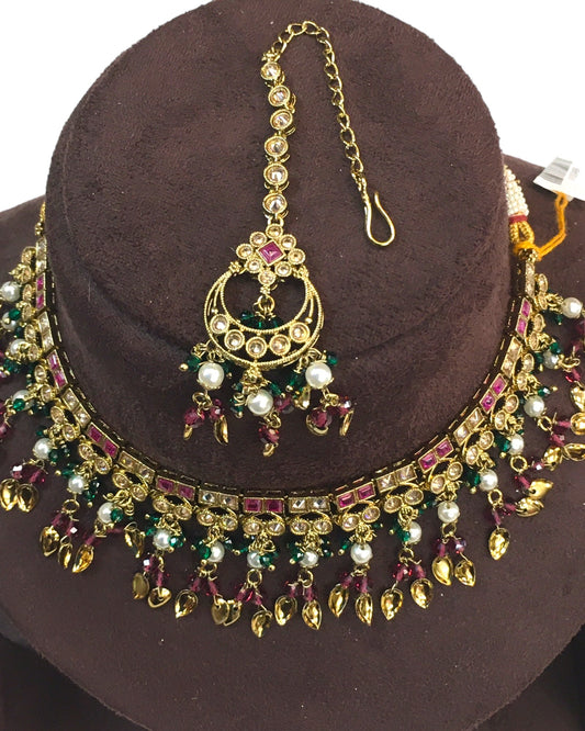 Magenta - Medium Size Antique Gold Finish Necklace Set with Earrings - HB1000 KY 0424 - Prachy Creations