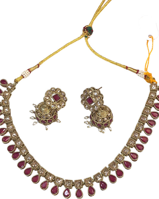 Magenta - Medium Size Antique Gold Finish Necklace Set with Earrings - SV2403 H 0424 - Prachy Creations