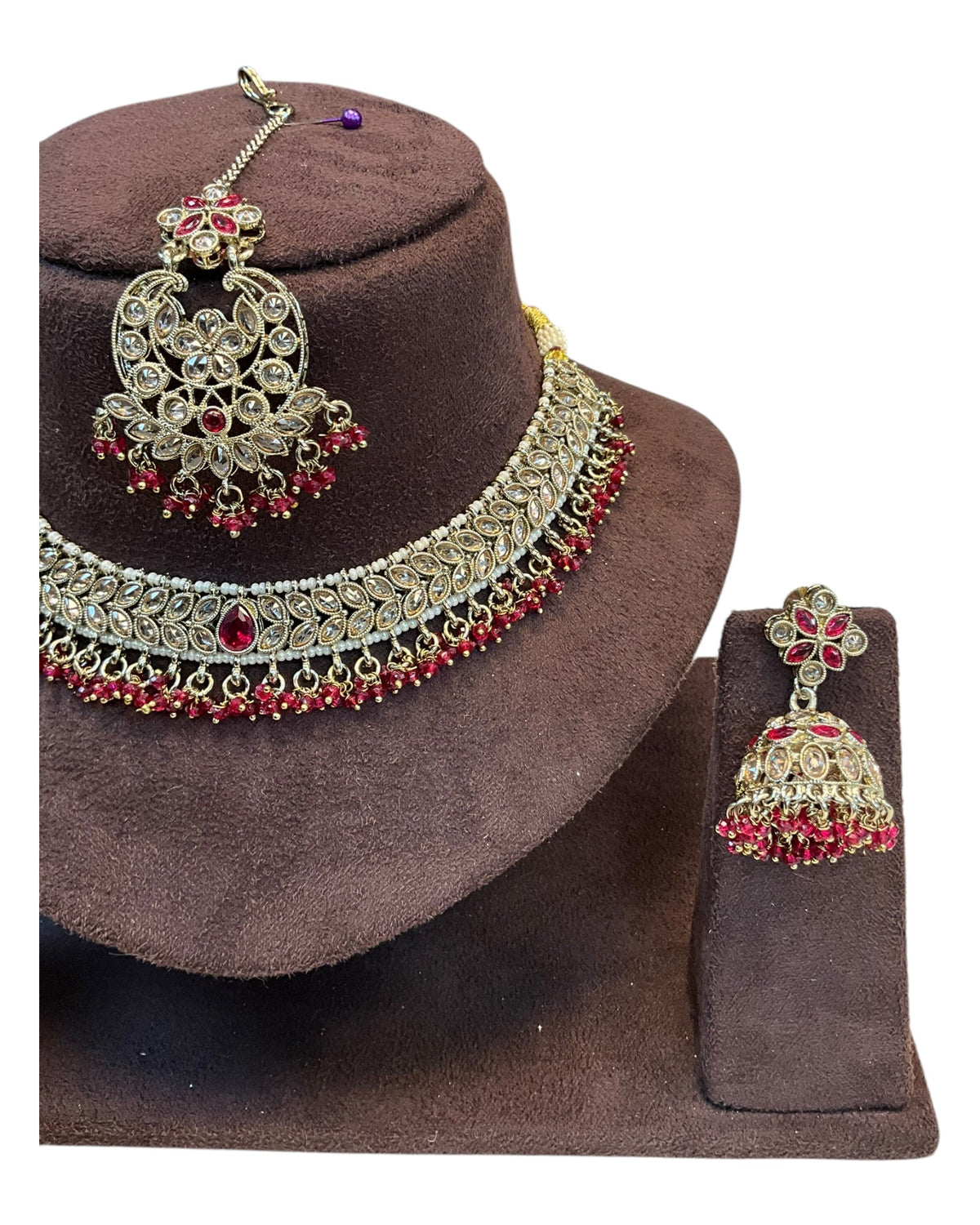 Magenta - Medium Size Antique Gold Finish Necklace Set with Earrings & Tika Head piece - GGA05 KV 0525 - Prachy Creations