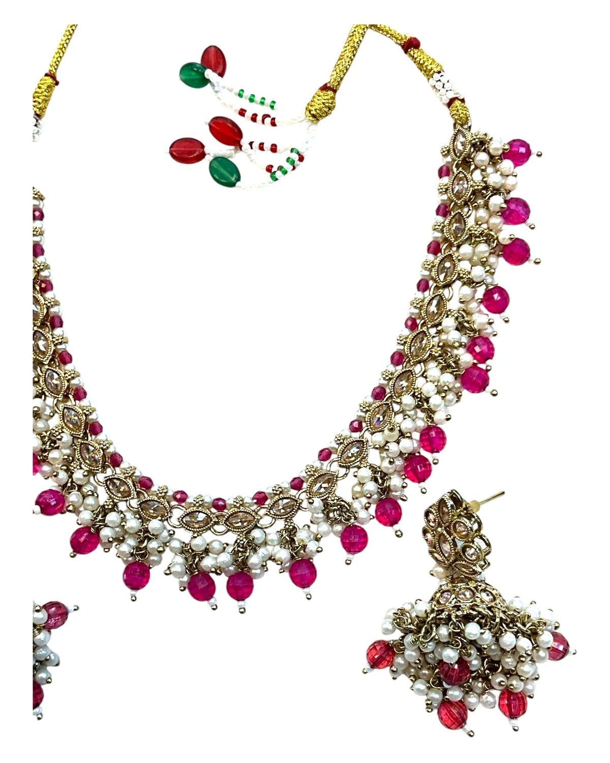 Magenta Pink - Medium Size Antique Gold Finish Necklace Set with Earrings - RAK415 08A25 - Prachy Creations