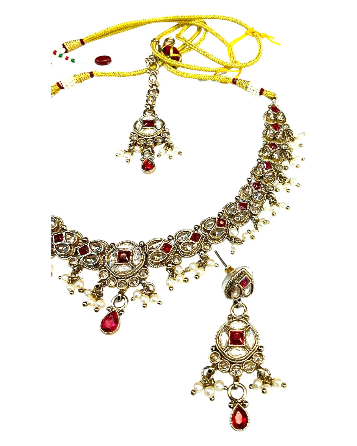 Magenta Pink - Medium Size Antique Gold Finish Necklace Set with Earrings & Tika Head piece - SAJ04 08C25 - Prachy Creations