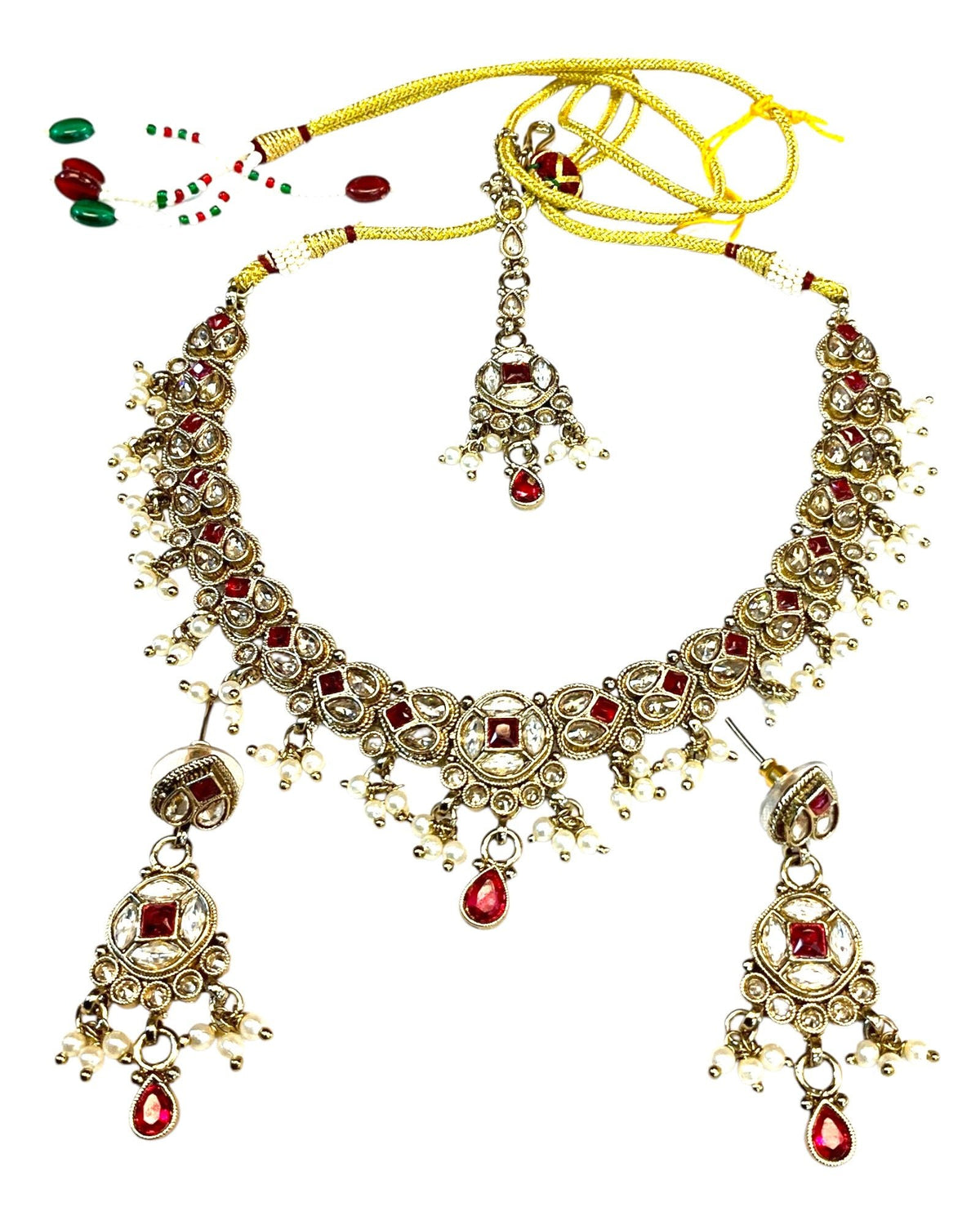 Magenta Pink - Medium Size Antique Gold Finish Necklace Set with Earrings & Tika Head piece - SAJ04 08C25 - Prachy Creations