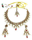 Magenta Pink - Medium Size Antique Gold Finish Necklace Set with Earrings & Tika Head piece - SAJ04 08C25 - Prachy Creations
