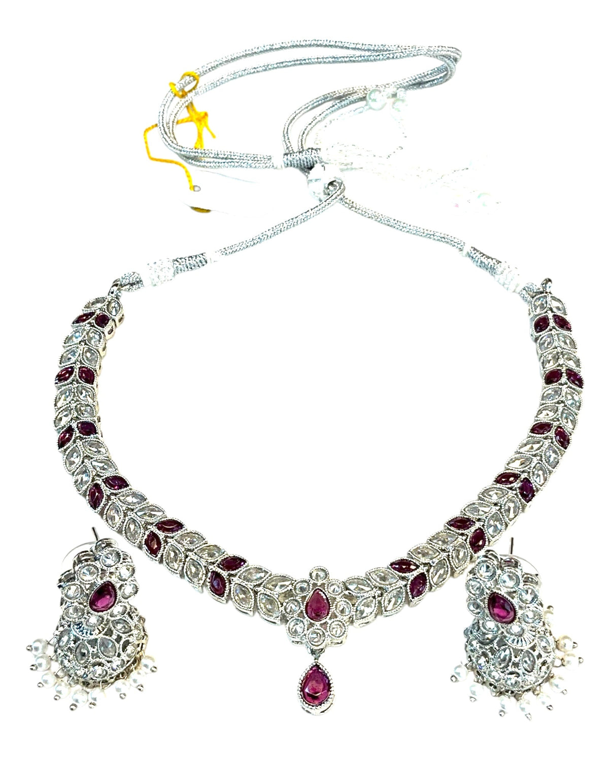 Magenta Pink - Small Size Silver Finish Necklace Set with Earrings - SJ05 08C25 - Prachy Creations
