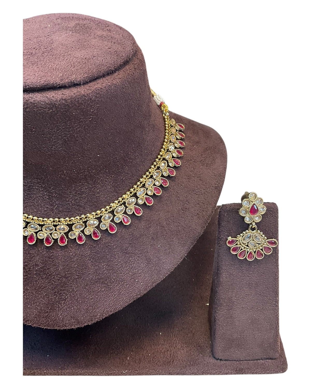 Magenta - Small Size Antique Gold Finish Necklace Set - AE2502 A 0525 - Prachy Creations