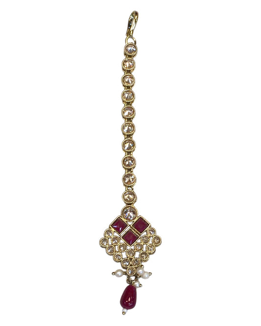 Maroon - Antique Gold Finish Medium Size Tika Head Piece - Indian Ladies Fashion Jewellery - AE2441 11Vp24 - Prachy Creations