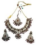 Maroon - Large - Antique Gold Finish Necklace Set with Earrings & Head Piece - AE2512 08KV25 - Prachy Creations