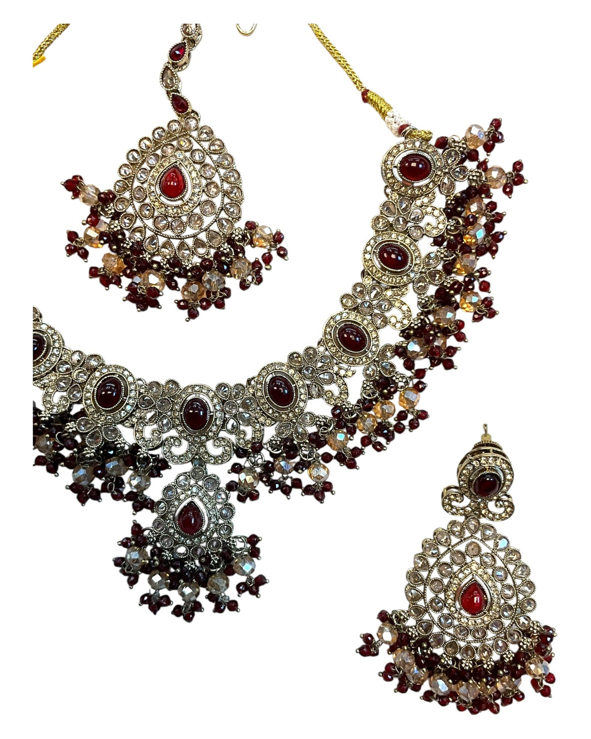 Maroon - Large - Antique Gold Finish Necklace Set with Earrings & Head Piece - AE2512 08KV25 - Prachy Creations
