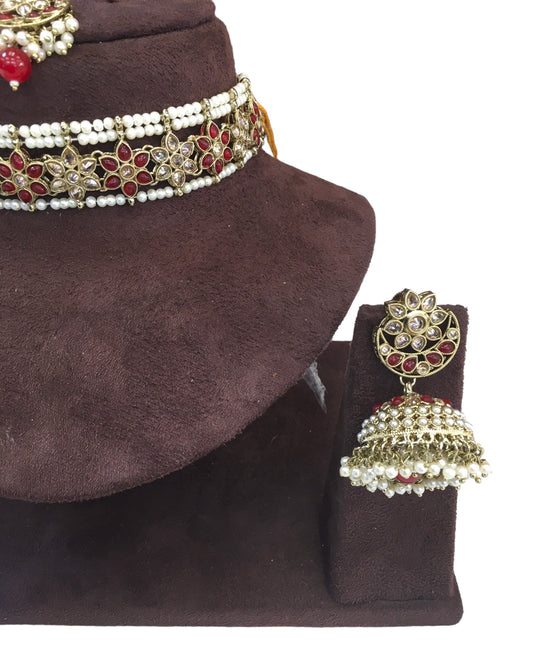 Maroon - Large Size Antique Gold Finish Necklace Set with Earrings - RAK95 KV 0424 - Prachy Creations