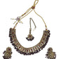 Maroon - Medium Size Antique Gold Finish Necklace Set with Earrings - PRI1786 11H24 - Prachy Creations