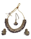 Maroon - Medium Size Antique Gold Finish Necklace Set with Earrings - PRI1786 11H24 - Prachy Creations