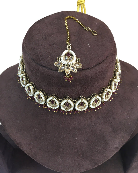 Maroon - Medium Size Antique Gold Finish Necklace Set with Earrings - RAK122 R 0424 - Prachy Creations