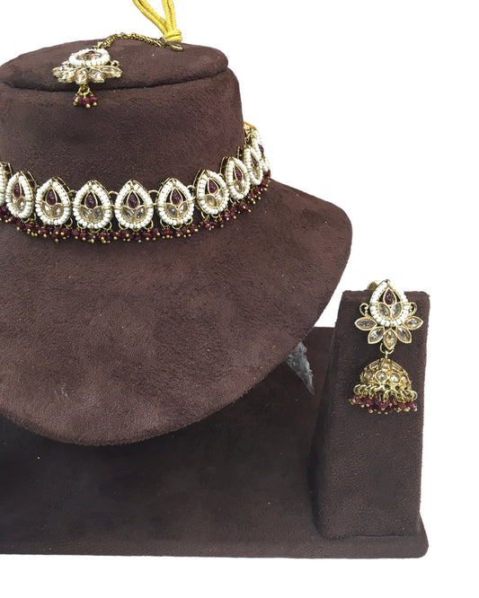 Maroon - Medium Size Antique Gold Finish Necklace Set with Earrings - RAK122 R 0424 - Prachy Creations