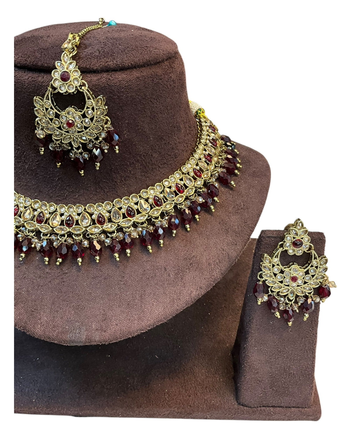 Maroon - Medium Size Antique Gold Finish Necklace Set with Earrings - RZ31 KYp - Prachy Creations