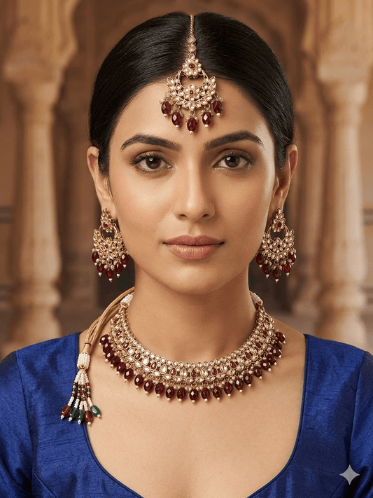 Maroon - Medium Size Antique Gold Finish Necklace Set with Earrings - RZ31 KYp - Prachy Creations