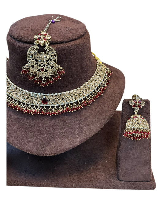 Maroon - Medium Size Antique Gold Finish Necklace Set with Earrings & Tika Head piece - GGA05 KV 0525 - Prachy Creations