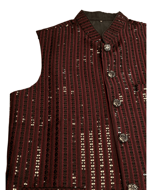 Maroon - Rich All Over Sequins Embroidered - Mens Indian Waistcoat - UK Stock - 24 hr Dispatch - KCS2602 03VT26 - Prachy Creations
