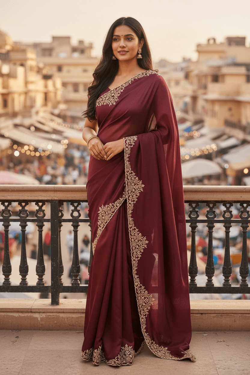 Maroon - Rich Saree with Stone Work Border and Blouse Piece - UK stock - 24hr Dispatch - RS2511 TA - Prachy Creations