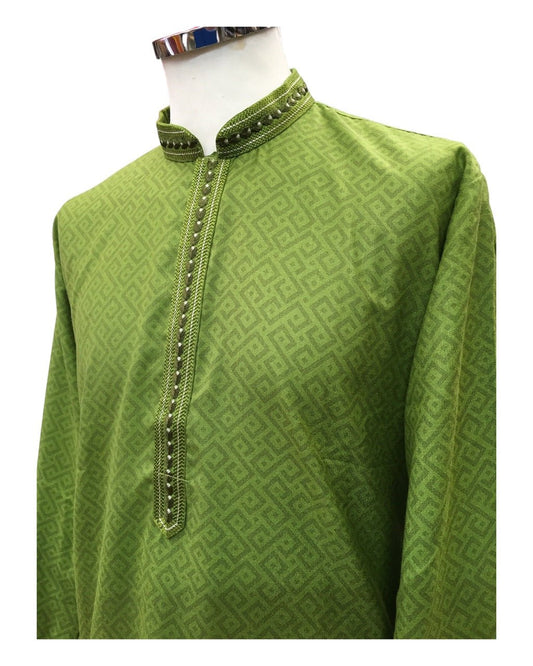 Mehendi / Henna Green - Mens Linen Printed Kurta Set - Ideal for Henna / Mehndi / Weddings SHU2403 KR 0224 - Prachy Creations