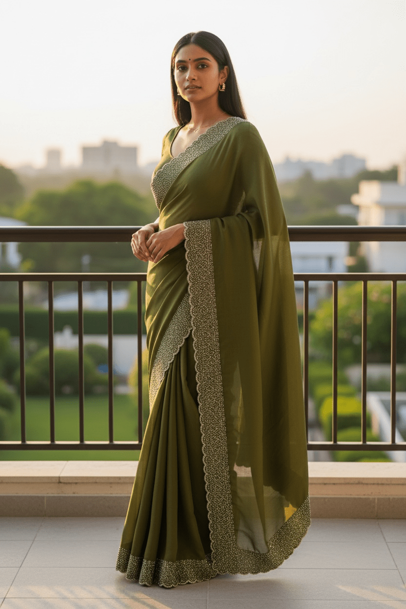 Mehndi Green - Classic Saree with Stone Work Border and Blouse Piece - UK stock - 24hr Dispatch - RS2538 VP - Prachy Creations