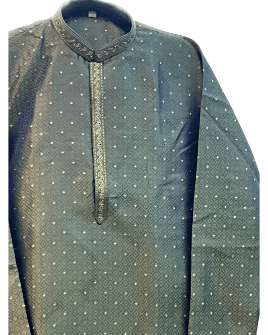 Mehndi Green - Men’s Embroidered Jacquard Kurta Set with Trousers - UK Stock - Weddings / Walimas , Sangeet, Diwali, Eid, Mehndi / Henna - VEE3103 VY - Prachy Creations