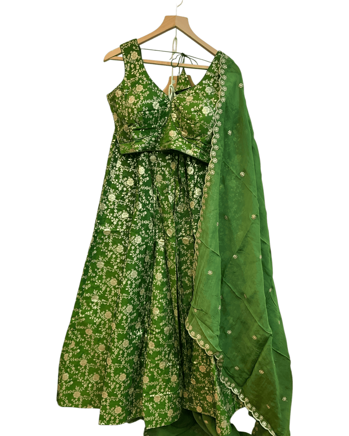 Mehndi Henna Green - Banarasi Brocade Silky Lehenga Set - Mehndi / Sangeet / Bridesmaids / Weddings / Garba - Size UK 12 (38" Bust) Adjustable to Size 14 - UK Stock - 24h Dispatch - AF2601 02VP26 - Prachy Creations