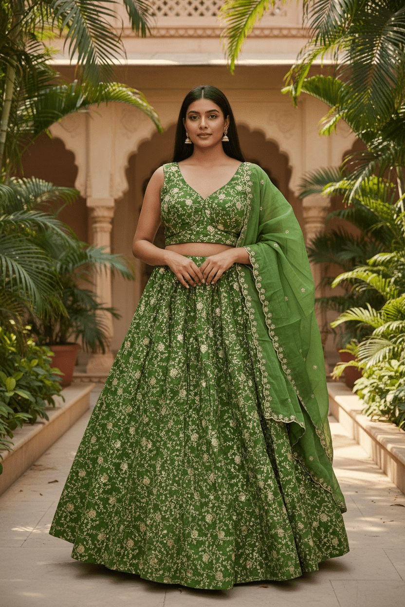 Mehndi Henna Green - Banarasi Brocade Silky Lehenga Set - Mehndi / Sangeet / Bridesmaids / Weddings / Garba - Size UK 12 (38" Bust) Adjustable to Size 14 - UK Stock - 24h Dispatch - AF2601 02VP26 - Prachy Creations