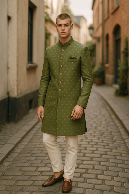 Mehndi Henna Green - Classic Banarasi Handloom Brocade Sherwani with Gold Buttons - BS787 JP 08JC25 - Prachy Creations