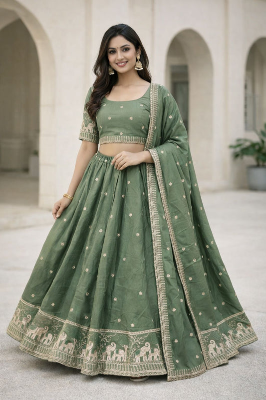 Mehndi / Henna Green - Dupion Silk Lehenga Set - Garba / Dandia , Mehndi / Sangeet / Weddings - Size UK 12 (38" Bust) Adjustable to Size 14 - UK Stock - 24h Dispatch - AF2603 02TY26 - Prachy Creations