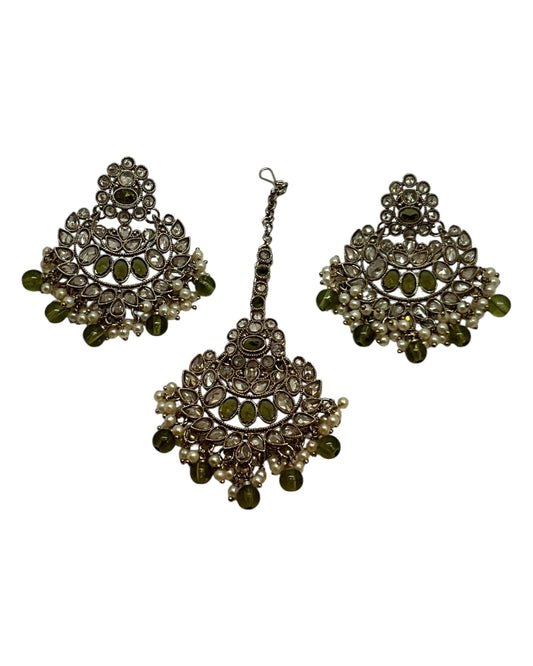 Mehndi Henna Green - Large Size Antique Gold Finish Necklace Set with Earrings & Head Piece - Bollywood - AE2514 08KY25 - Prachy Creations