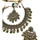 Mehndi Henna Green - Large Size Antique Gold Finish Necklace Set with Earrings & Head Piece - Bollywood - AE2514 08KY25 - Prachy Creations