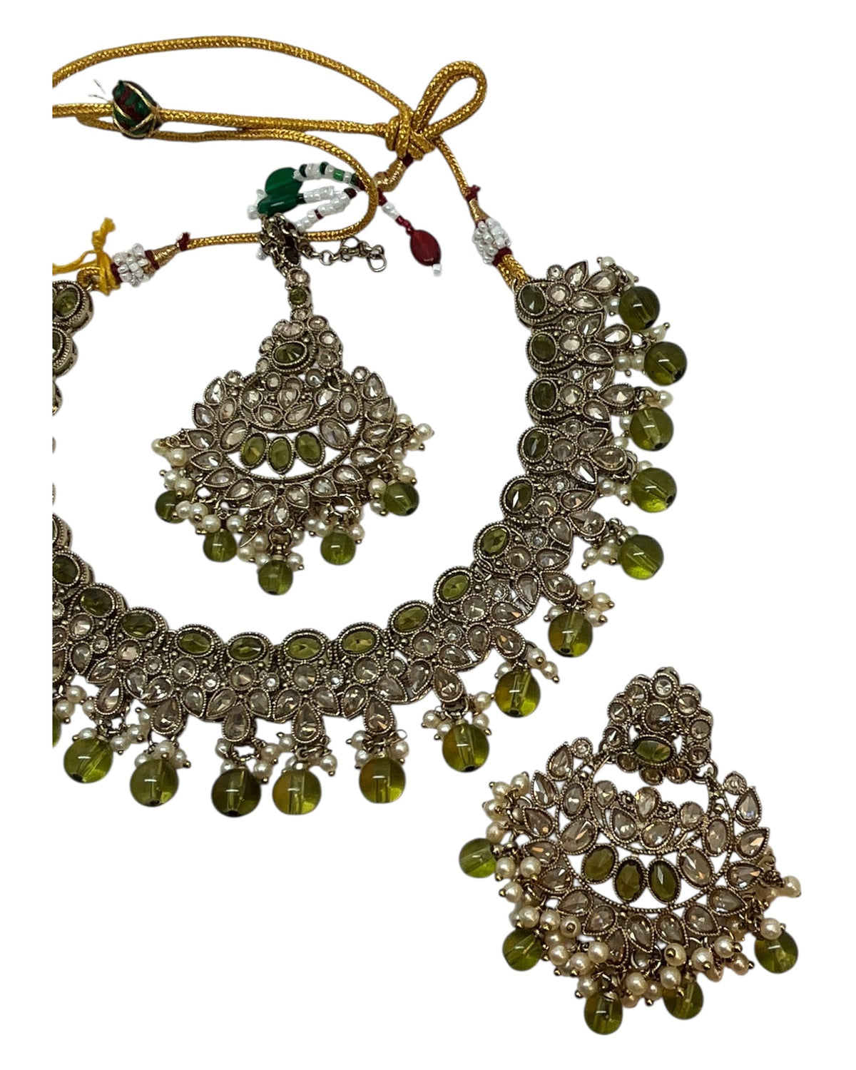 Mehndi Henna Green - Large Size Antique Gold Finish Necklace Set with Earrings & Head Piece - Bollywood - AE2514 08KY25 - Prachy Creations