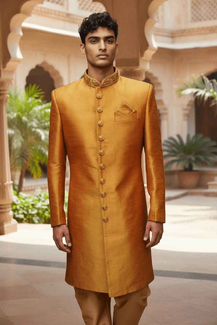 Mens Coral Sherwani set -with drawstringed trousers - Bollywood Party Weddings - VFEW853PV 1018 - Prachy Creations