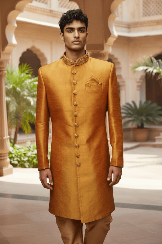 Mens Coral Sherwani set -with drawstringed trousers - Bollywood Party Weddings - VFEW853PV 1018 - Prachy Creations
