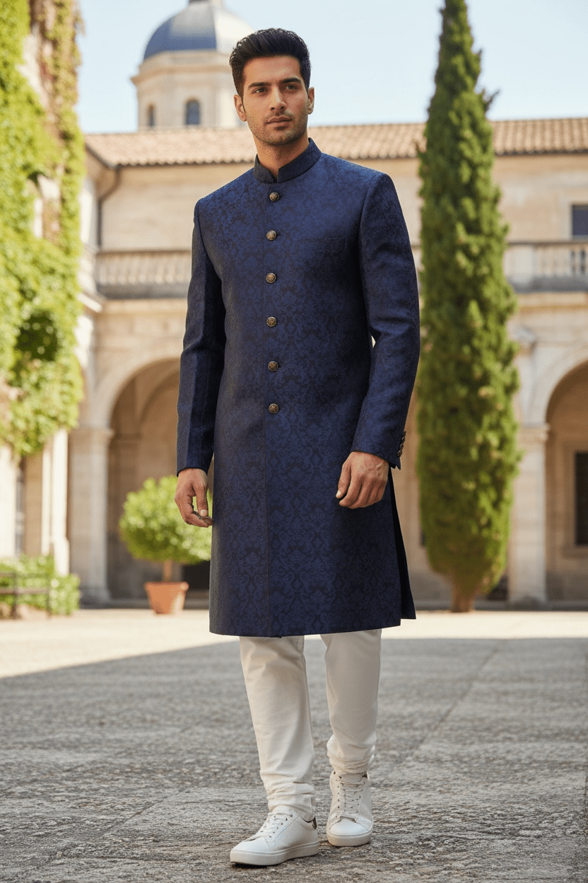 Mens Indian Light Sherwani set in Navy Brocade for weddings, Bollywood Party ( with Draw stringed trousers) - DD180802JV - Prachy Creations