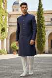 Mens Indian Light Sherwani set in Navy Brocade for weddings, Bollywood Party ( with Draw stringed trousers) - DD180802JV - Prachy Creations