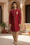 Mens Raw Silk Red Sherwani - VL1908 AV1119 - Prachy Creations