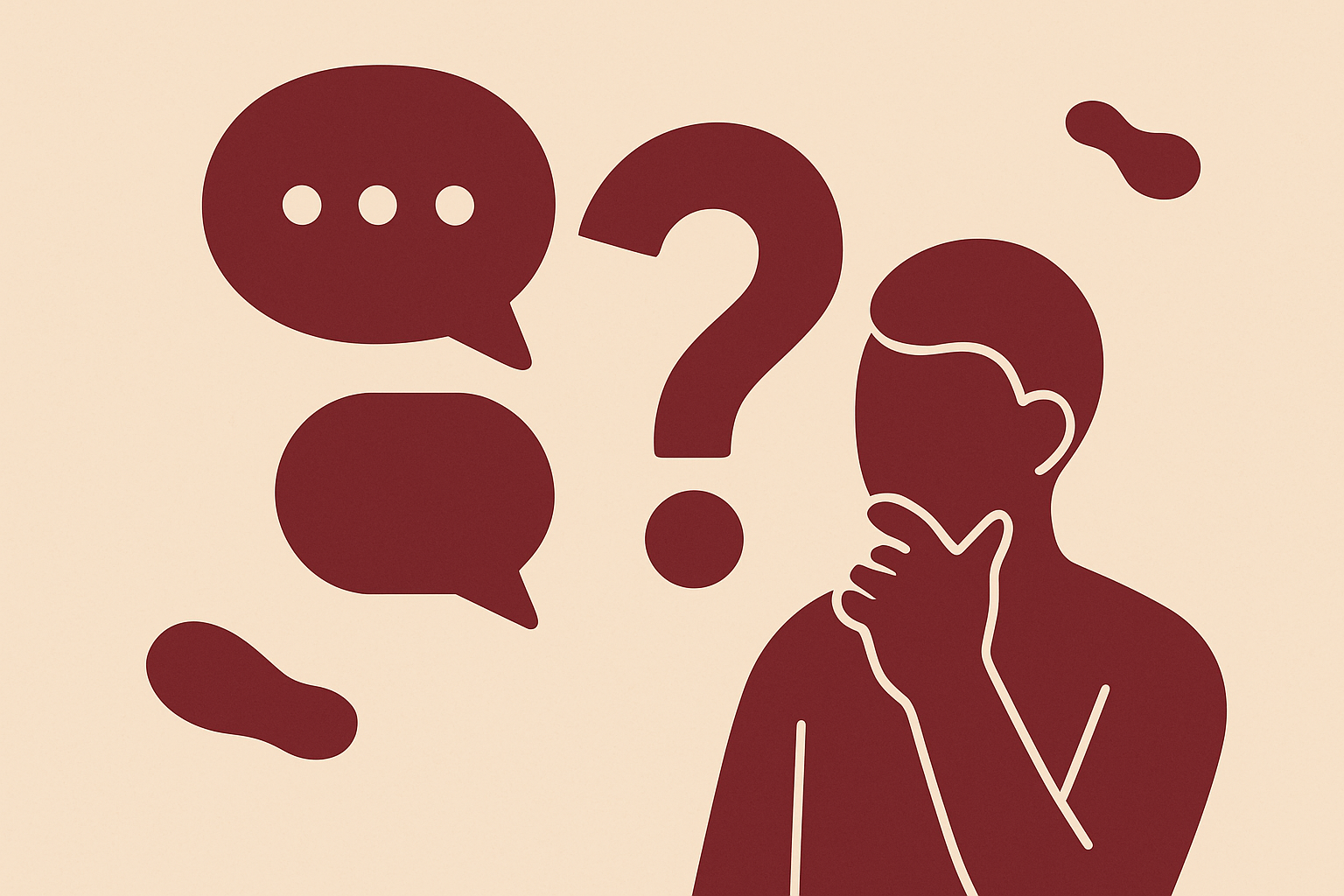 Minimalist flat illustration for a FAQ (Frequently Asked Questions) section, designed in maroon and beige theme. The artwork should feature abstract icons like a question mark, chat bubbles, or a person thinking, styled in a modern vector illustration style. Background should be soft beige with maroon accents, keeping the design elegant and professional. No text, no logos, just the illustration suitable for a website FAQ section.