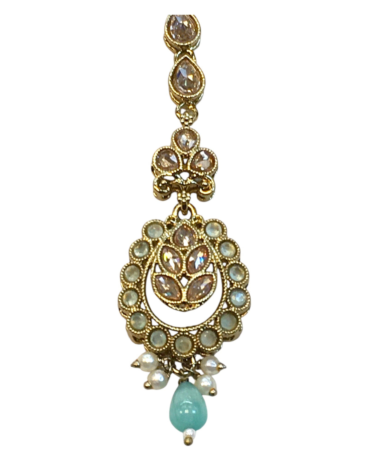 Mint Green - Antique Gold Finish Medium Size Tika Head Piece - Indian Ladies Fashion Jewellery - AE2435 11Vp24 - Prachy Creations
