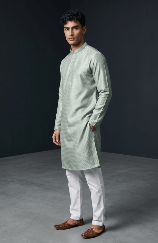 Mint Green - Banarasi Handloom Brocade Mens Indian Kurta set with Trousers - UK Stock - Weddings / Walimas , Sangeet, Diwali, Eid, Mehndi / Henna - VEE2514 VA - Prachy Creations