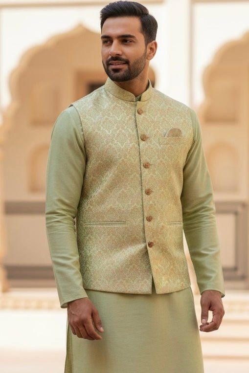 Mint Green Brocade - Mens Indian Waistcoat - VNS-JKT35 10KK25 - Prachy Creations
