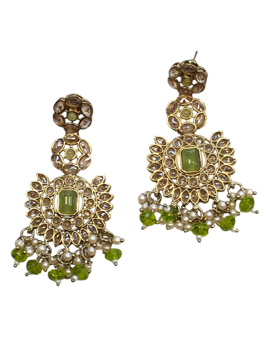 Mint Green - Large - Antique Gold Finish Traditional Earrings - Bollywood - Weddings - PRI1773 11Tp24 - Prachy Creations