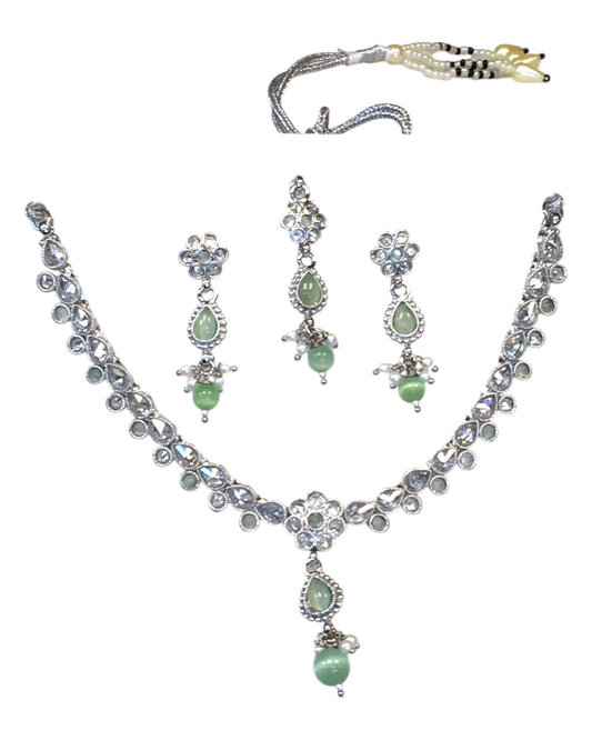 Mint Green - Small Size Silver Finish Necklace Set with Earrings & Head Piece /Tika- SLV78 11Ap24 - Prachy Creations