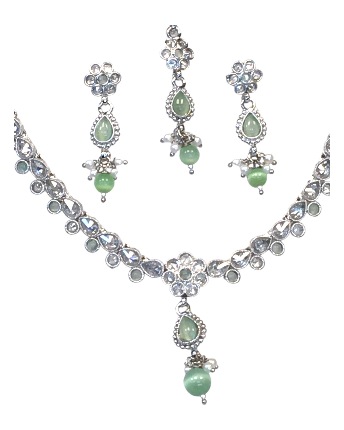 Mint Green - Small Size Silver Finish Necklace Set with Earrings & Head Piece /Tika- SLV78 11Ap24 - Prachy Creations